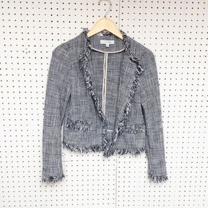 Intermix EUC Dark Navy & Off White Tweed, Fringe, Open-front Blazer